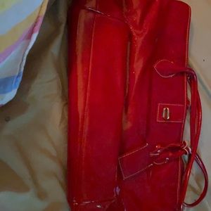 Red patient leather Dooley & Bourke tote bag.